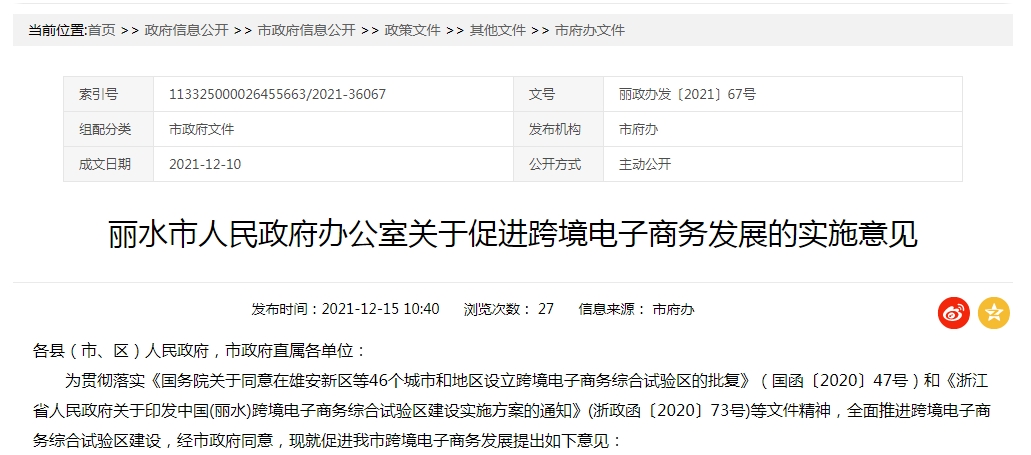丽水市促进跨境电子商务发展的实施意见印发