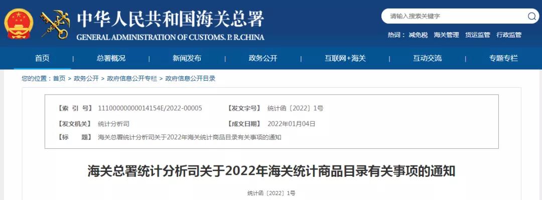 海关总署统计分析司发布2022年海关统计商品目录有关事项