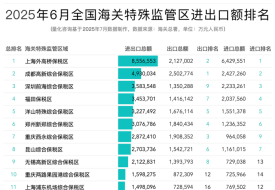 2025年6月全国海关特殊监管区(综保区等)进出口贸易额排名榜单