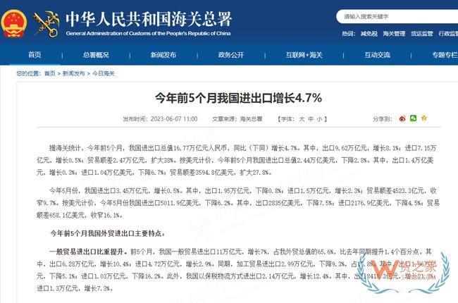 今年前5个月我国进出口增长4.7%，以保税物流方式进出口增长12.4%-货之家