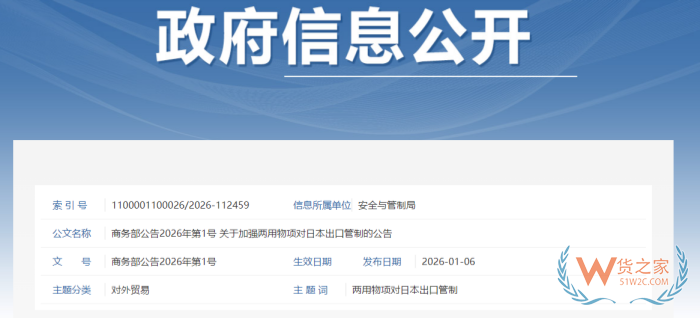 商务部公告2026年第1号：关于加强两用物项对日本出口管制的公告
